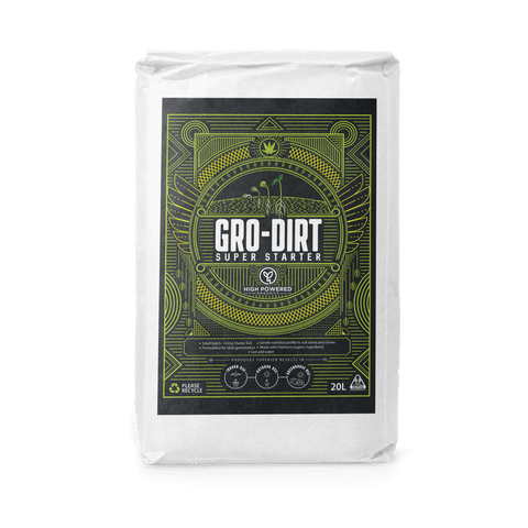 A 20L bag of GRO-DIRT Super Starter on a transparent background.